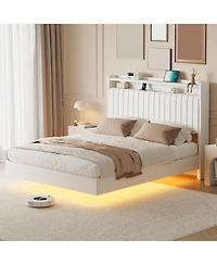 gaomon Floating Bed Frame with Led Lights and Charging Station,Upholstered Platform Headboard Storage Shelf