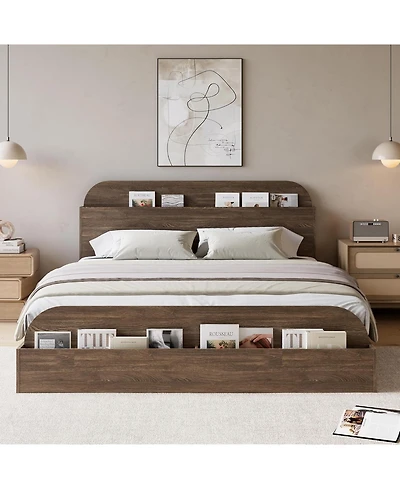 gaomon Wooden Bed Frame with Storage Headboard & Raised Footboard, Low Platform Design