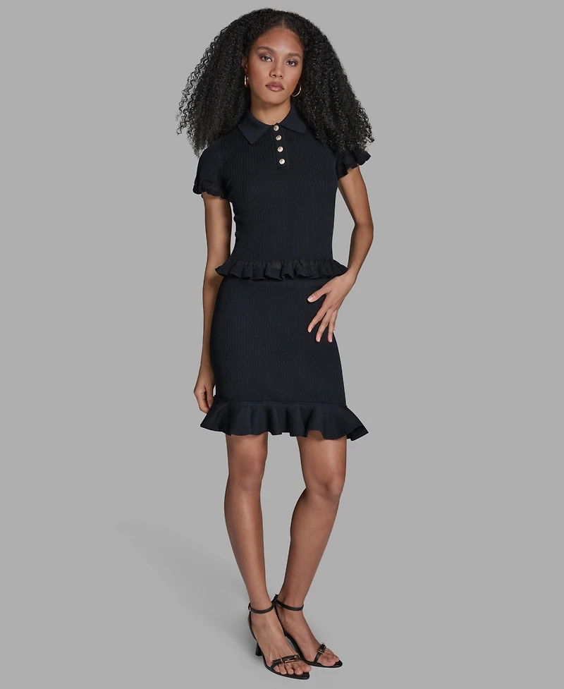 Bcbg Women's Ruffle Hem Short-Sleeve Polo Sweater