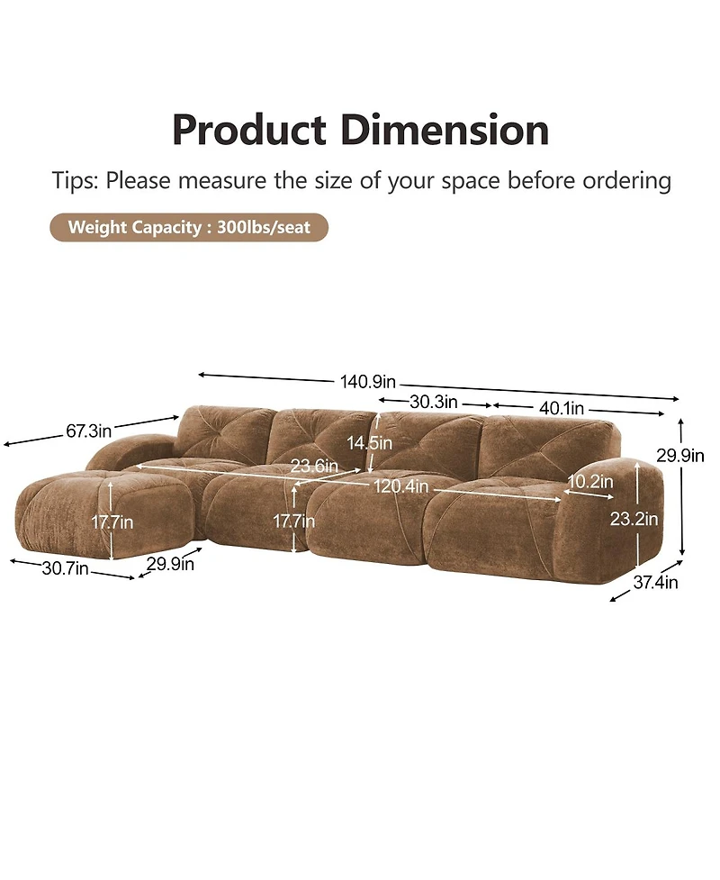 Streamdale Furniture L-shaped Velvet Tufted Sofa with Movable Ottoman, Camel