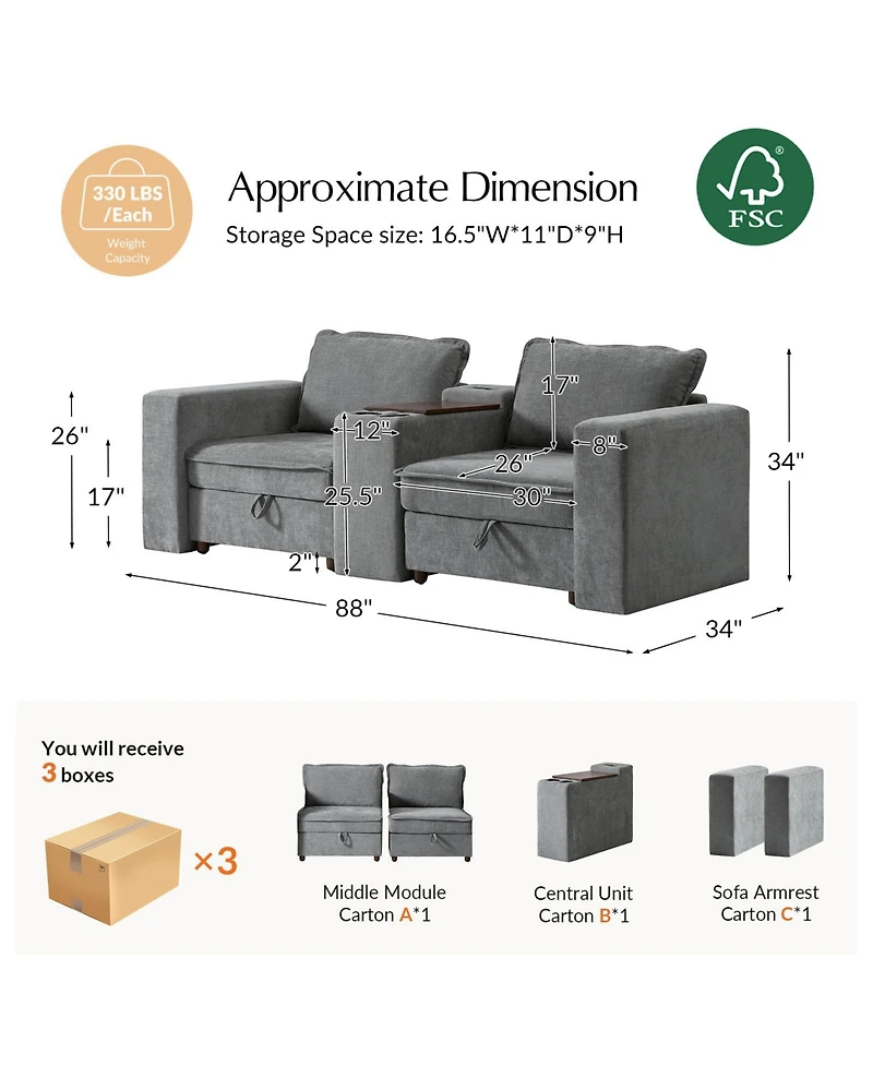 Hulala Home Buelow 88” Modern Storage Sofa With Charging Station And Middle Compartment