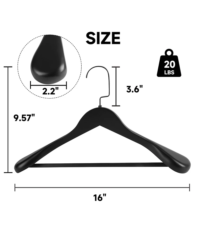 BP4U Wooden Suit Hangers with Pants Bar for Women's Clothes, 16-Inch Wide Shoulder Solid Wood Coat Jackets, Shirts, Trousers