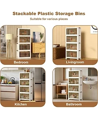 gaomon 4-Tier Foldable Storage Cabinet, Plastic Organizer with Magnetic Doors & Wheels for Home Use, White