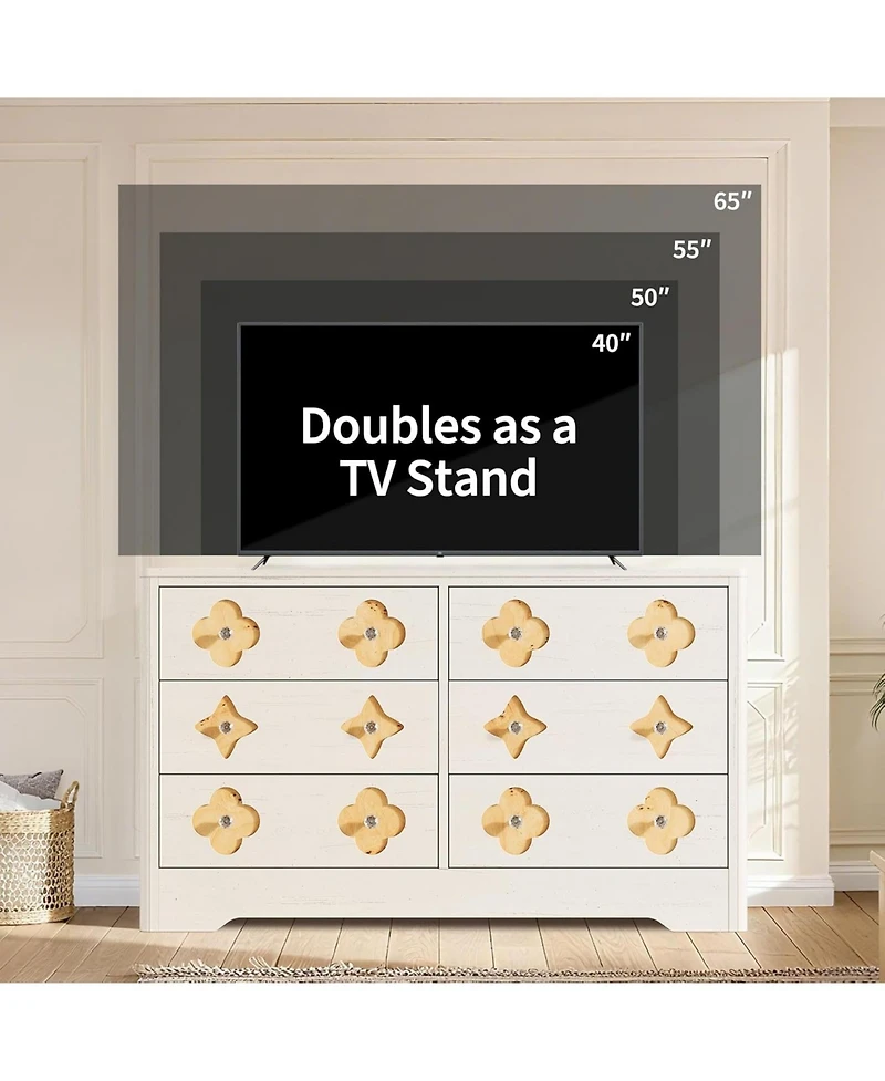 gaomon Fluted 6-Drawer Dresser for Bedroom, 47.4" Wide Wooden Chest with Large Storage & Tv Stand Use, White