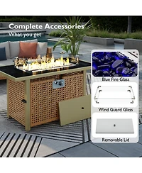 Flynama K&K 43 Inch Propane Gas Fire Pit Table 60000 Btu Rectangular Open Weave Wicker with Glass Wind Guard for Patio Garden