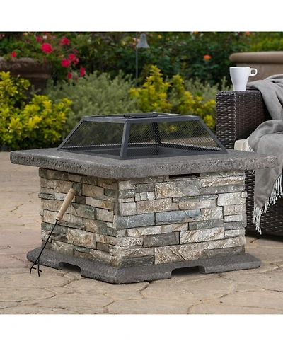 Flynama 28 Inch Square Mgo Fire Pit Outdoor Elegant Design Heat Resistant Iron Fire Bowl No Assembly Required