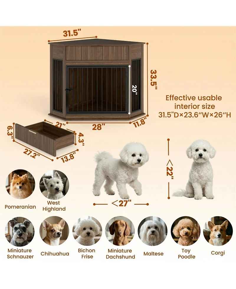 Aostirmotor 44.6" Corner Dog Crate Furniture with Drawer, Space-Saving End Table for Small/Medium Dogs