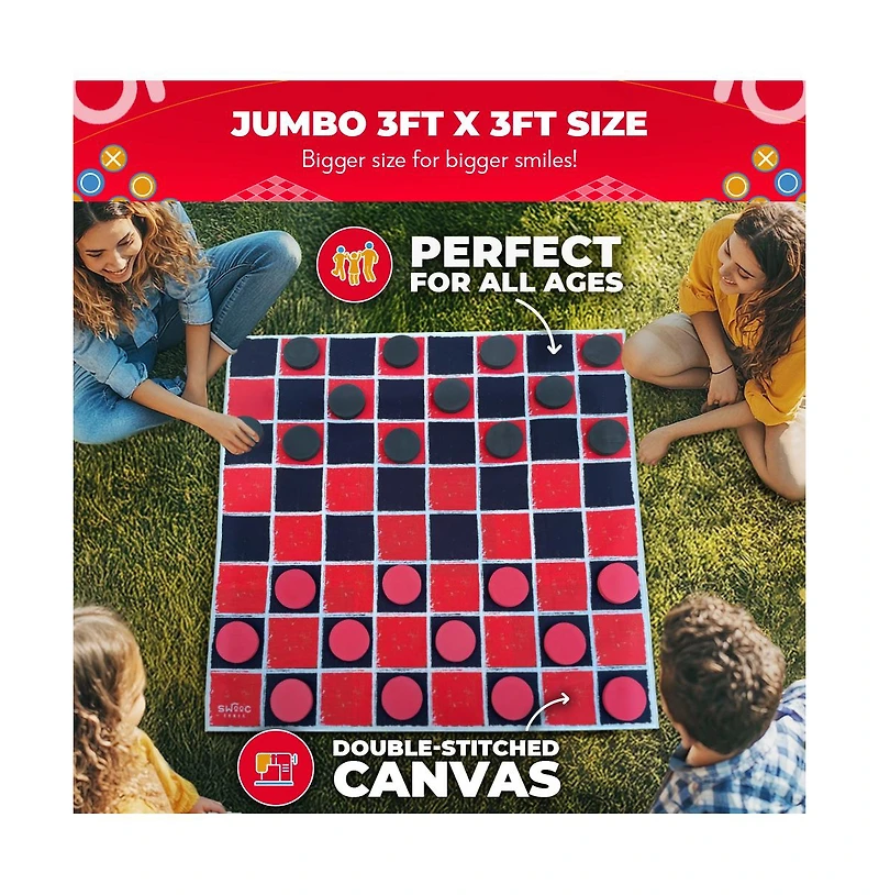 Swooc 2-in-1 Vintage Giant Checkers & Tic Tac Toe Game W/ Mat - 100% Machine-Washable Canvas With Big Foam Discs