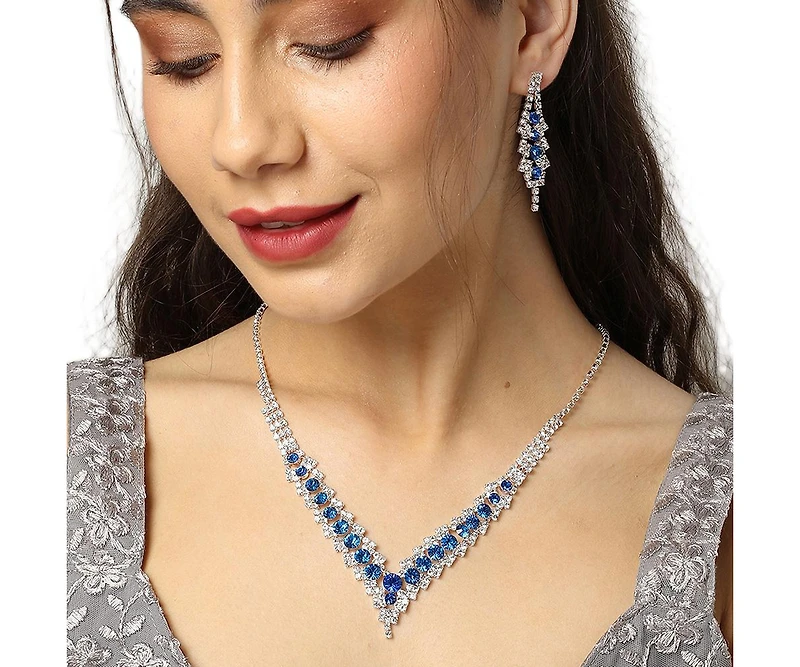 Sohi Women's Blue Embellished Stone Necklace And Earrings (Set Of 2)
