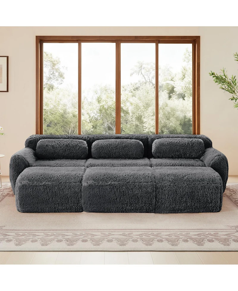 Streamdale Furniture 3-Seater Plush Fabric Sofa with Movable Ottoman, No Assembly Required, Dark Gray