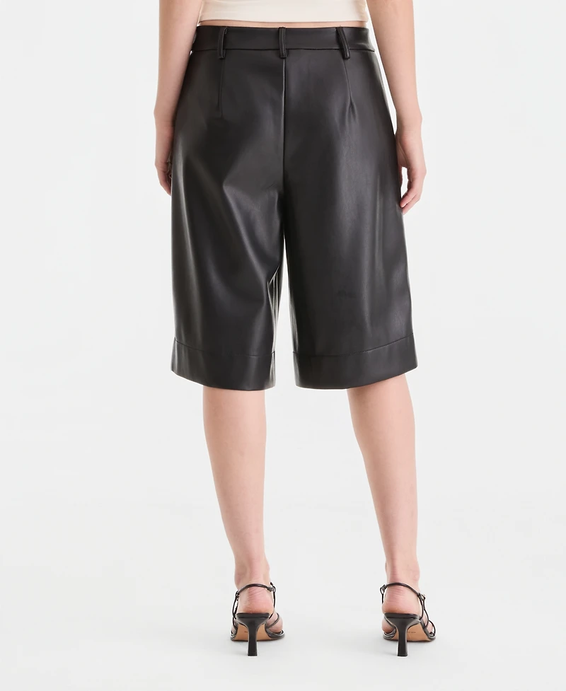 Bar Iii Women's Faux-Leather Pleated Bermuda Shorts, Macy's Exclusive