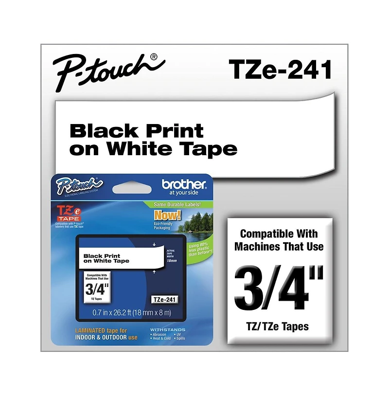 Brother P-Touch Tze241 0.7 in. x 26.2 ft. TZE Standard Adhesive Laminated Labeling Tape - Black on White