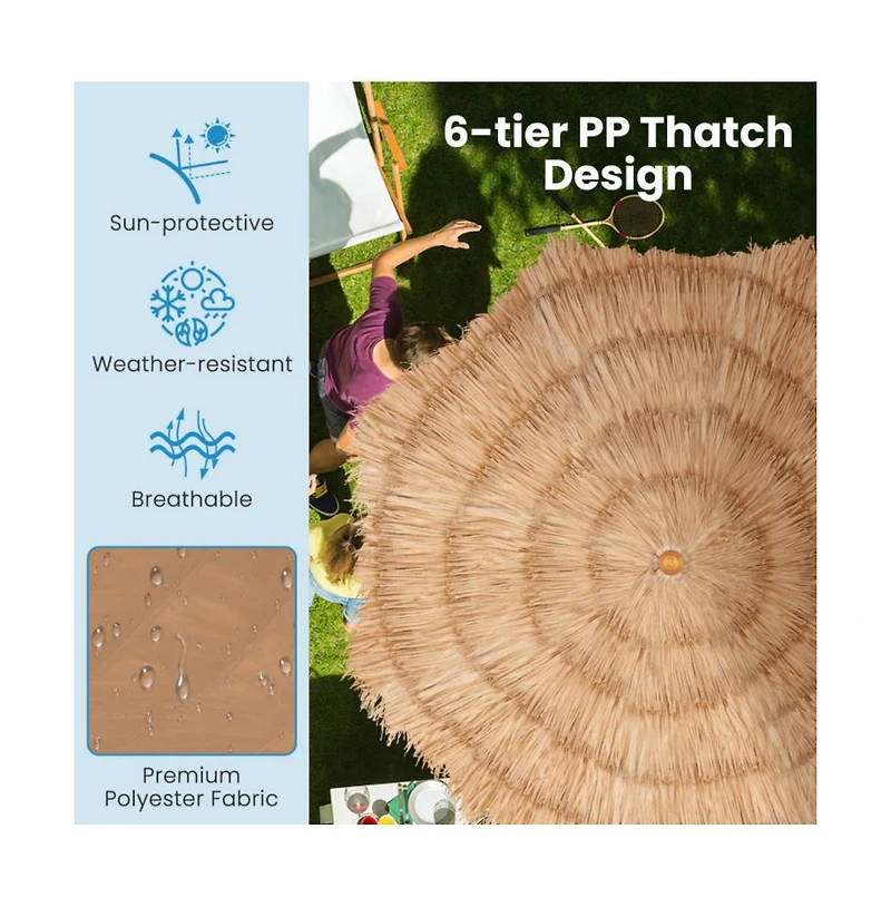 6.5 Feet Thatched Tiki Umbrella with Foldable Stand Push Button Tilt