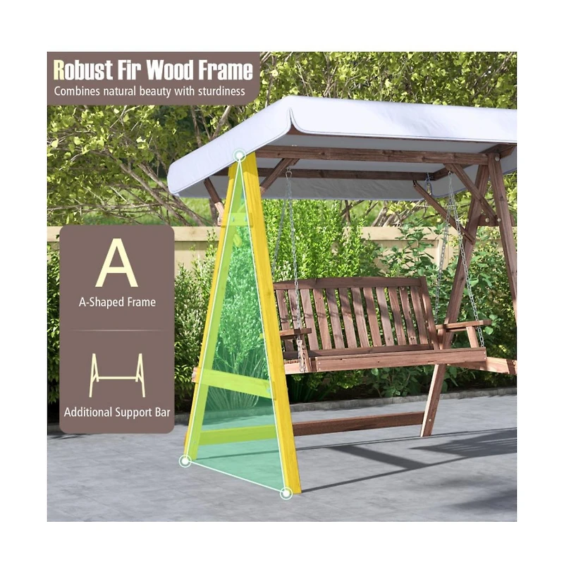 2-Person Porch Swing with Fir Wood Stand and Tilt Canopy
