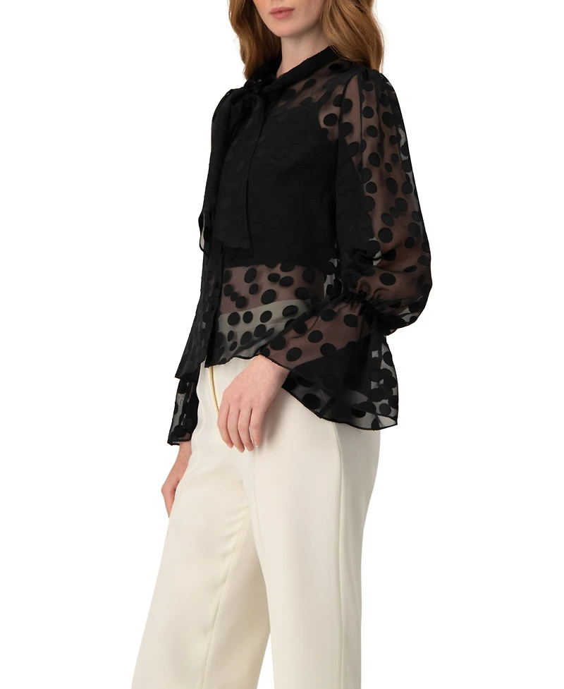 Ivonne Women's Polka Dot See Though Blouse with Tie Neck