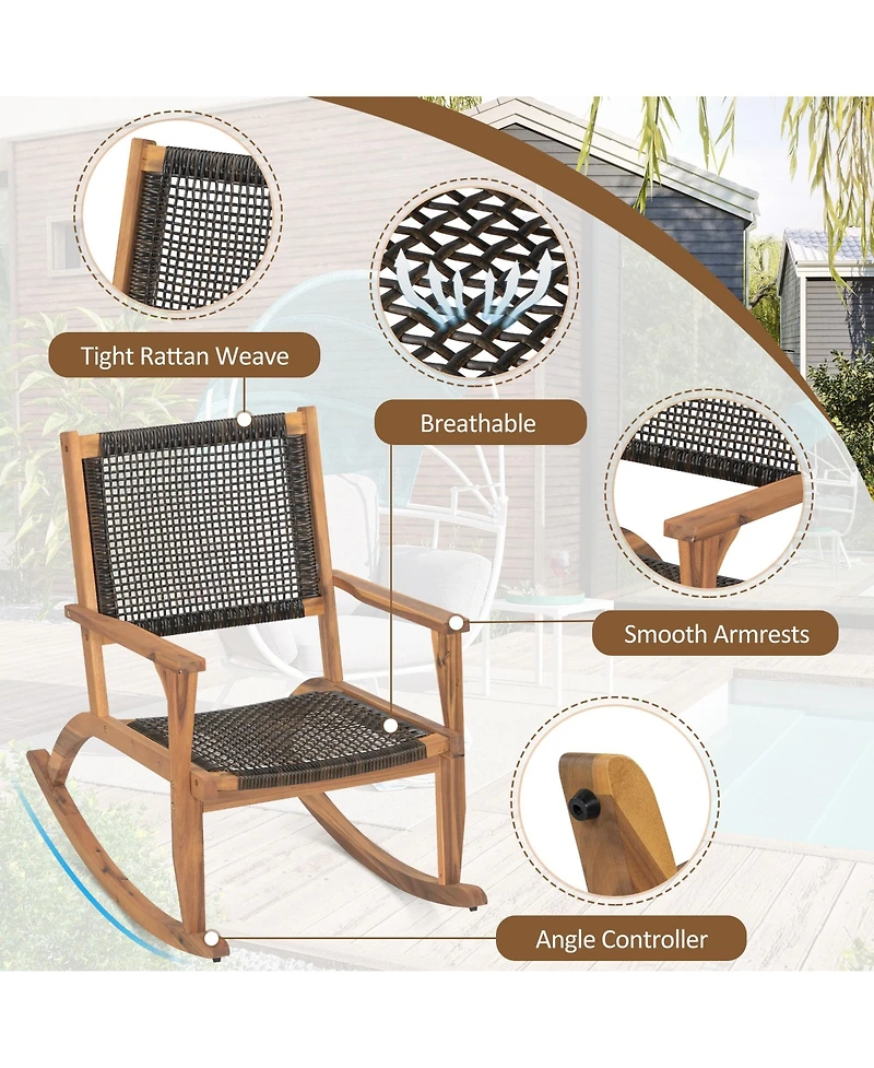 Mondawe 2 Pieces Acacia Wicker Rattan Rocking Chair Set with Seat & Backrest