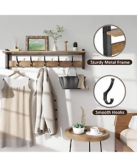 Yigii 5-Hook Wall Rack with Shelf, Vintage Brown, Space-Saving, Easy Diy