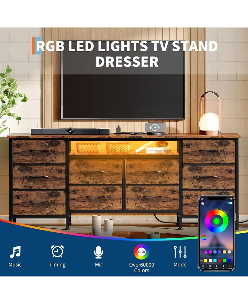 gaomon 63'' Long Dresser for Bedroom with 10 Fabric Drawers, Entertainment Center Tv Stand 65''-75'' Tv, White Power Outlet