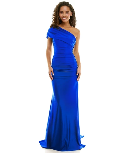 B Darlin Juniors' One-Shoulder Draped Floor-Sweeping Gown