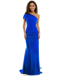 B Darlin Juniors' One-Shoulder Draped Floor-Sweeping Gown