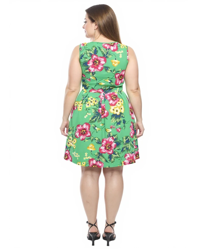 24seven Comfort Apparel Plus Floral Pleated Pocket Skater Dress