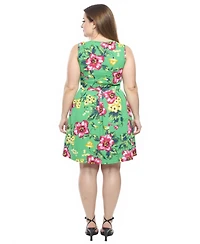 24seven Comfort Apparel Plus Floral Pleated Pocket Skater Dress