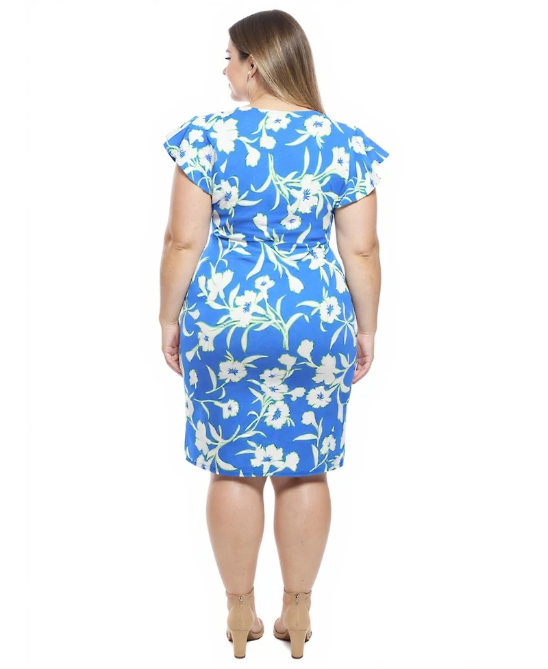 24seven Comfort Apparel Plus Floral Flutter Sleeve Faux Wrap Dress