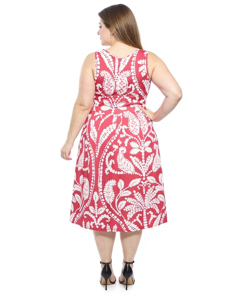 24seven Comfort Apparel Plus Paisley Pleated Pocket Fit and Flare Dress