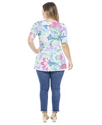 24seven Comfort Apparel Plus Abstract V-Neck Elbow Sleeve Henley Tunic Top