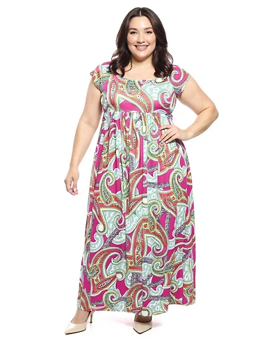24seven Comfort Apparel Plus Paisley Square Neck Cap Sleeve Maxi Dress