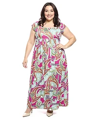 24seven Comfort Apparel Plus Paisley Square Neck Cap Sleeve Maxi Dress