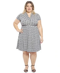 24seven Comfort Apparel Plus Geometric Faux Wrap A-Line Dress