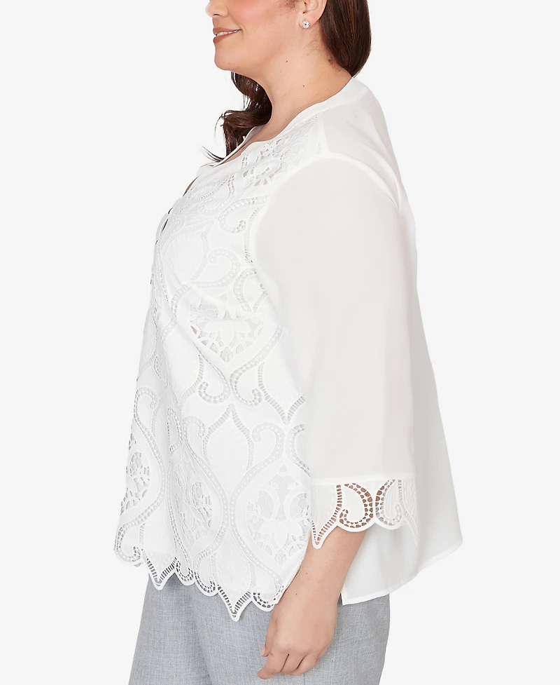 Alfred Dunner Plus Al Fresco Lace Cut Out Front Henley Top