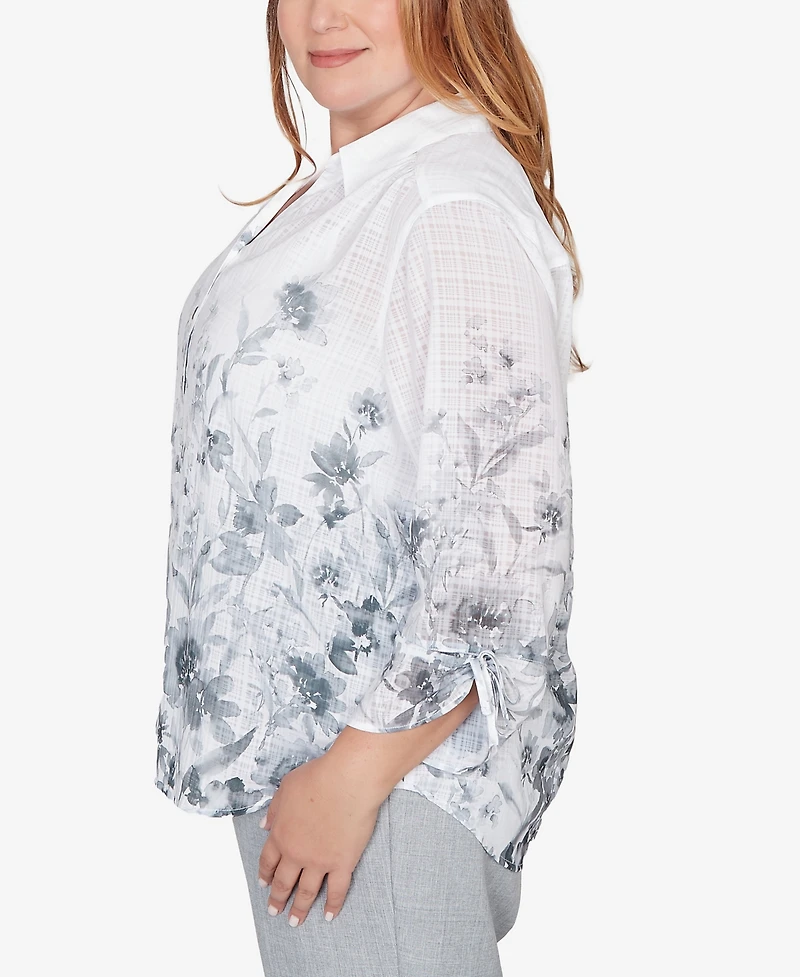 Alfred Dunner Plus Al Fresco Collared Watercolor Print Button front closure Top