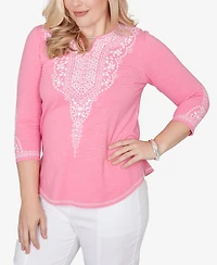 Alfred Dunner Plus The Royal Treatment Embroidered Split Neck Three Quarter Sleeve Top