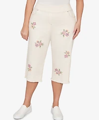 Alfred Dunner Plus Beachcomber Floral Cross Stitch Super Stretch Denim Capri Pants