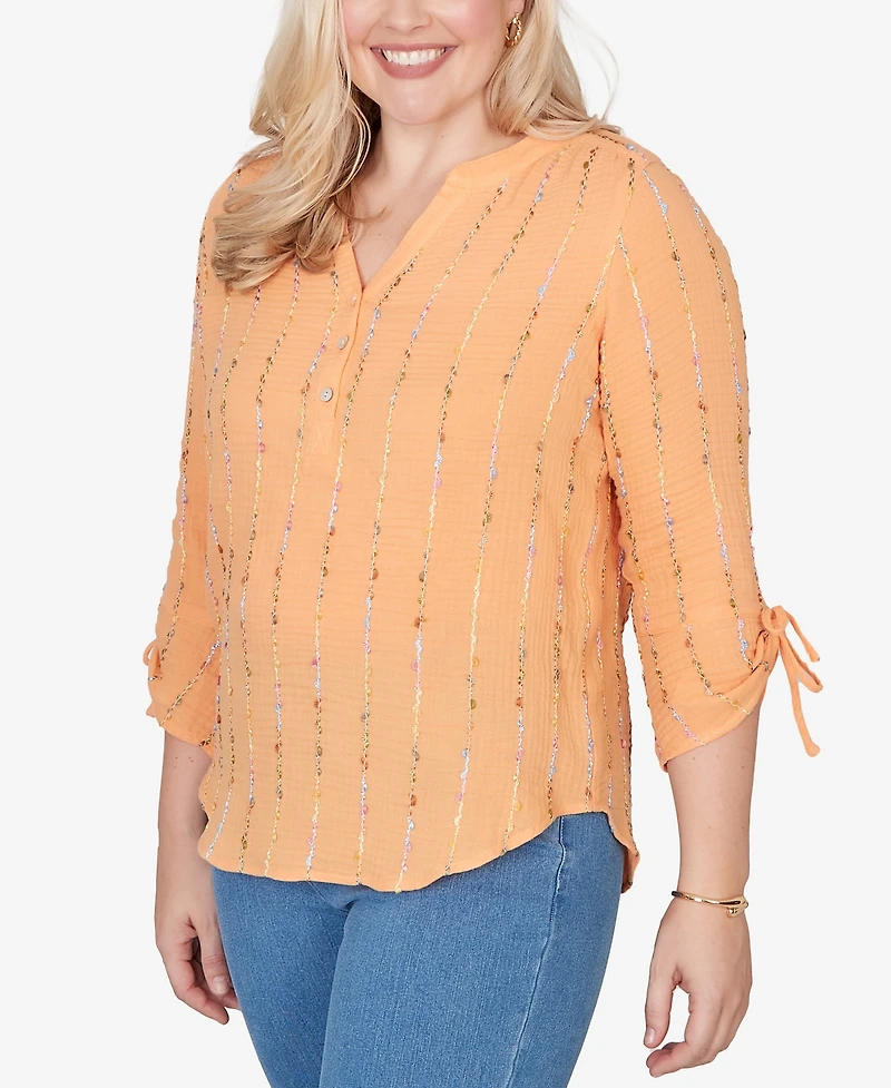 Alfred Dunner Plus Beachcomber Eyelash Gauze Textured Tie Sleeve Henley Top