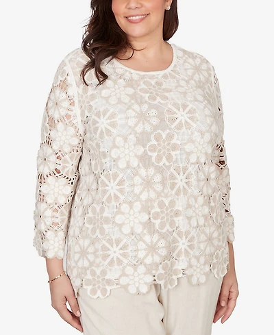 Alfred Dunner Plus Natural Wonder Floral Crochet Three Quarter Sleeve Top