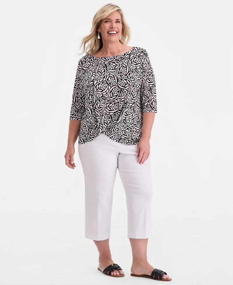 Jm Collection Plus Scattered Leaves Twisted-Hem Top, Macy's Exclusive
