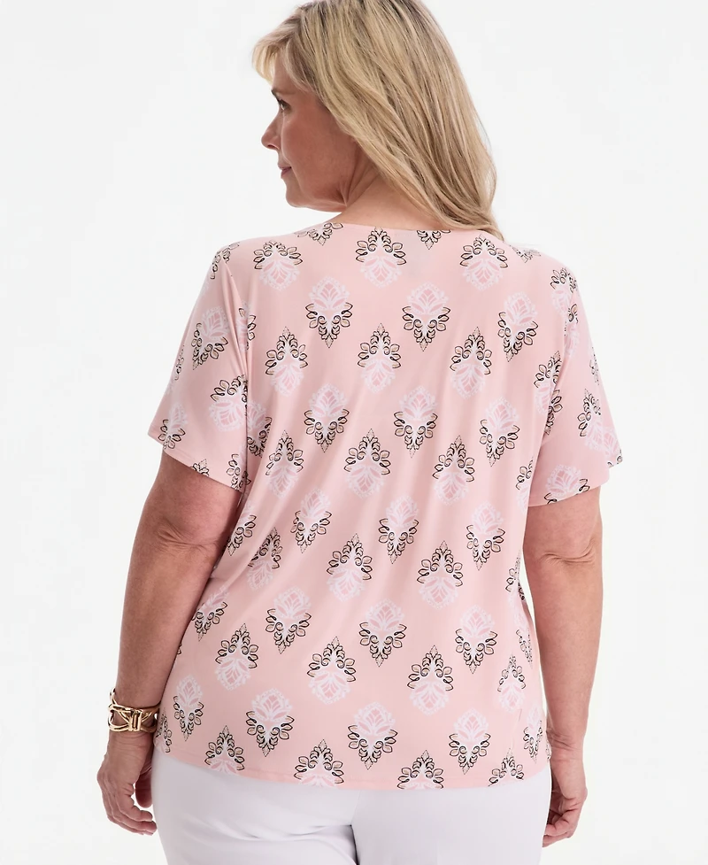 Jm Collection Plus Large Floret Zippered V-Neck Top, Macy's Exclusive