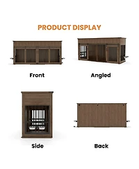 Aostirmotor 71" Double Dog Crate Furniture with Walnut Top, 3 Drawers, Outlet & Feeders