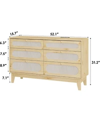 gaomon Rattan Dresser for Bedroom, 6 Drawers Closet, Chests of Drawers, Oak Storage Dressers Cabinet Living Room, Entryway