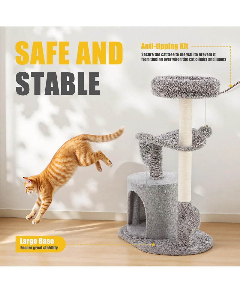 Zeus & Ruta 33" Small Cat Tree Tower: Scratching Post with Curved Bed