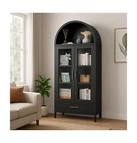 gaomon 1 Drawer & 2 Doors Arched Fluted Storage Cabinet,Black Arch Bookcase with Glass Doors, Modern Freestanding Kitchen Pantry CabinetOrganizer