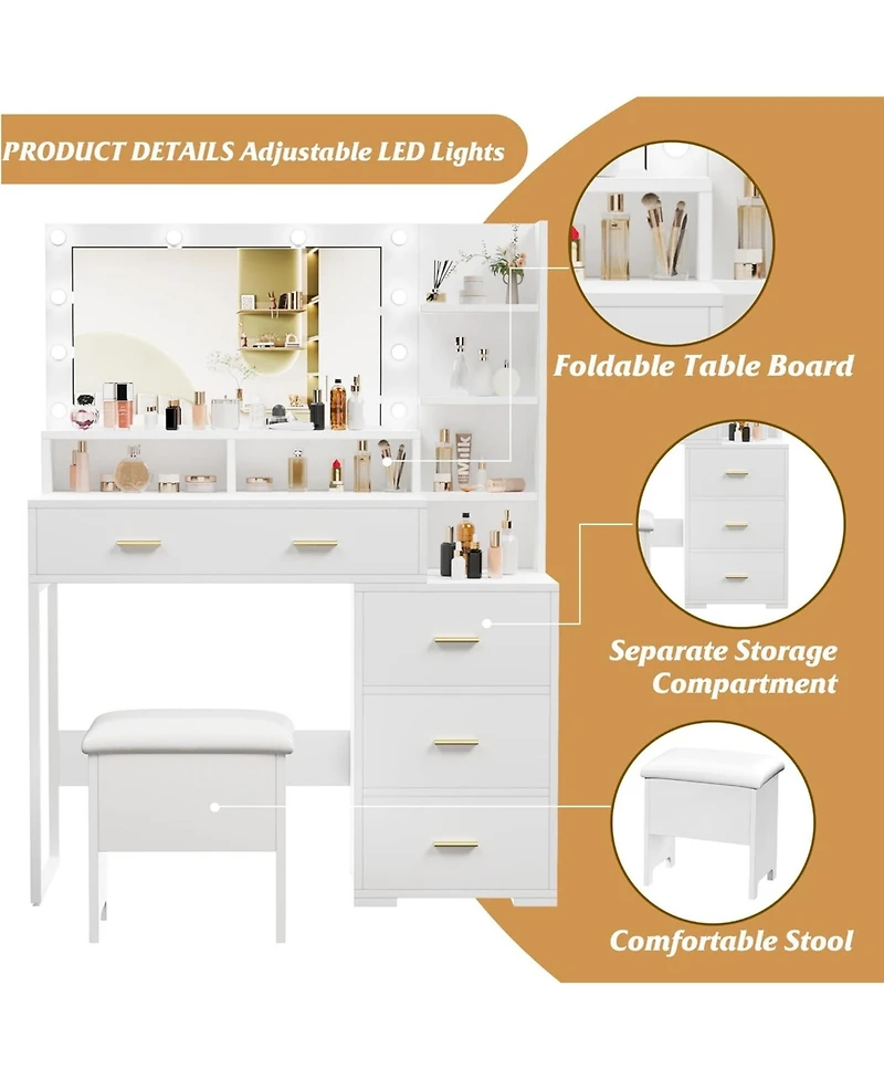 Gaomon Makeup Vanity Desk Mirror and 10 Led Light Bulbs - White Dressing Table for Bedrooms, Apartments, Easy to Assemble