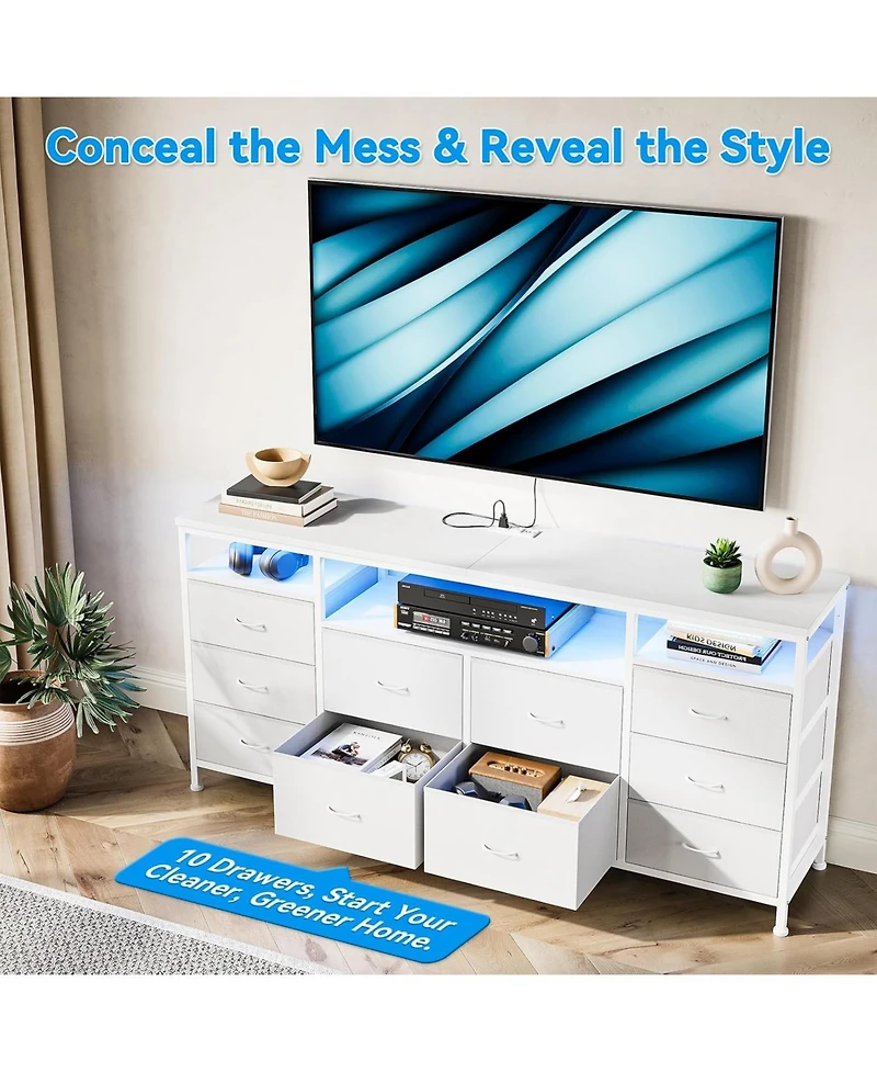 gaomon 63" Dresser with 10 Fabric Drawers, Wide Tv Stand Built-in Usb Ports & Led Lighting, Multi-Functional Storage Unit for 75 Inch