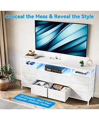 gaomon 63" Dresser with 10 Fabric Drawers, Wide Tv Stand Built-in Usb Ports & Led Lighting, Multi-Functional Storage Unit for 75 Inch