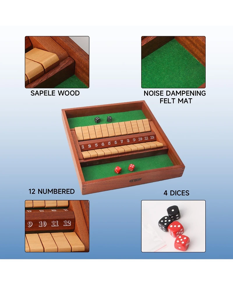 Gse Games & Sports Expert 2-Player Wooden Shut The Box 12 Numbers Dice Game Board with Red/Black Dices, Popular English Game