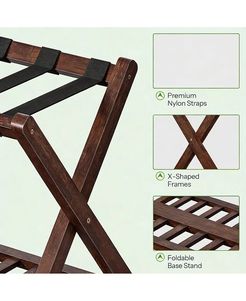 Yigii Bamboo Foldable Luggage Rack with Nylon Straps for Dual-Layer Storage