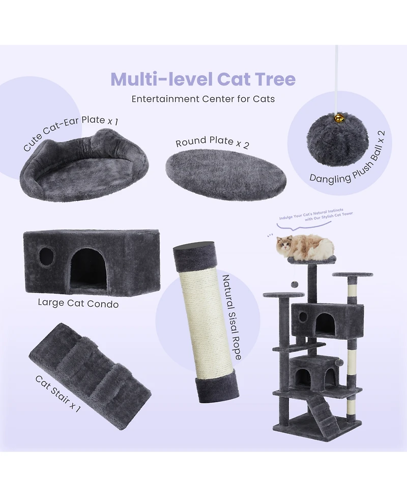 Zeus & Ruta 62" Grey Large Cat Tree Tower: Multi-Level, Scratching Post, Jumping Platform Space